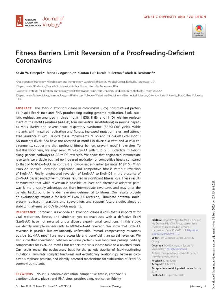 Fitness Barriers Limit Reversion of a Proofreading-Deficient Coronavirus, Nicole Sexton