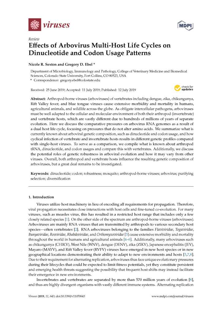 Effects of Arbovirus Multi-Host Life Cycles on Dinucleotide and Codon Usage Patterns, Sexton Lab, Nicole Sexton, Nicole R. Sexton